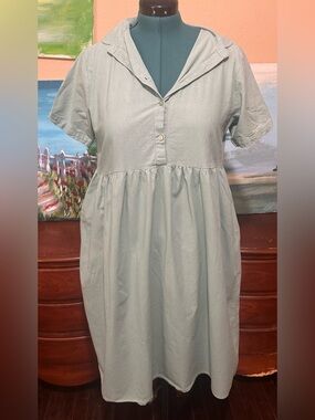 Light Sage Button Front Cotton Shirt Dress